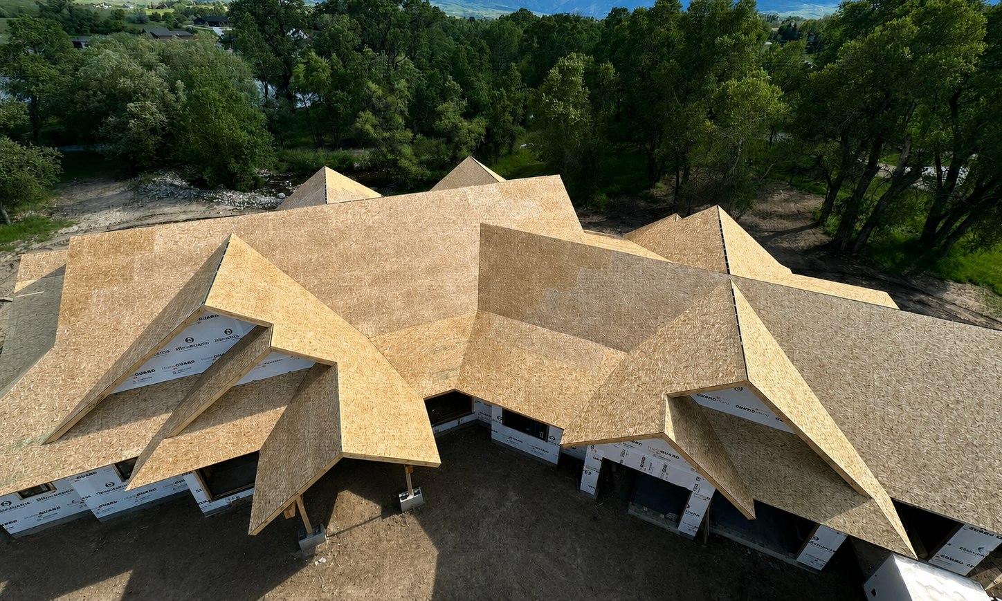 Aerial of a custom roof under construction — Build It Brothers